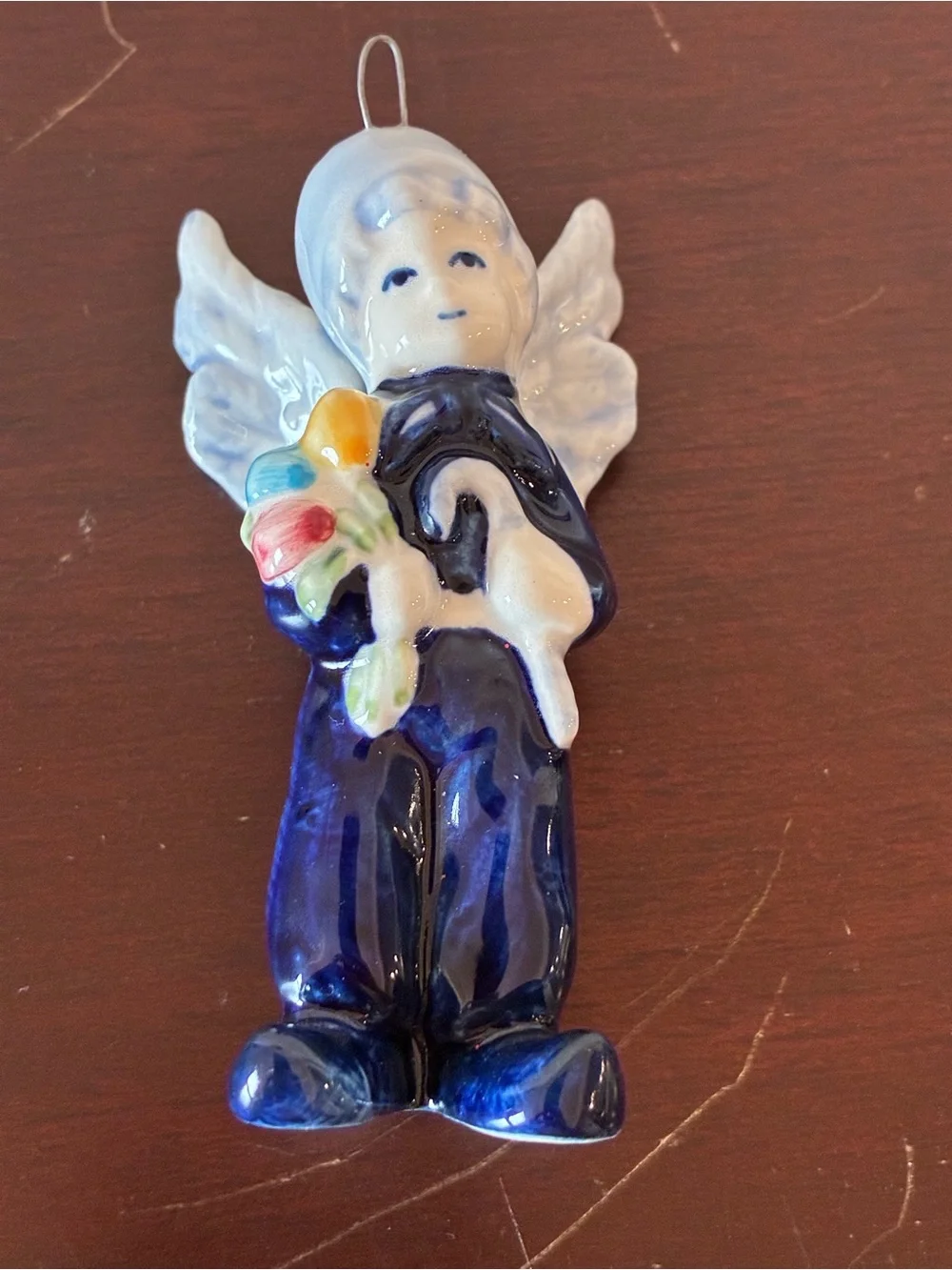 Vintage Delft Style Dutch Boy & Girl Angel Porcelain Christmas Ornaments Pair